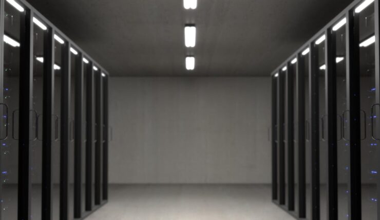 black server racks on a room